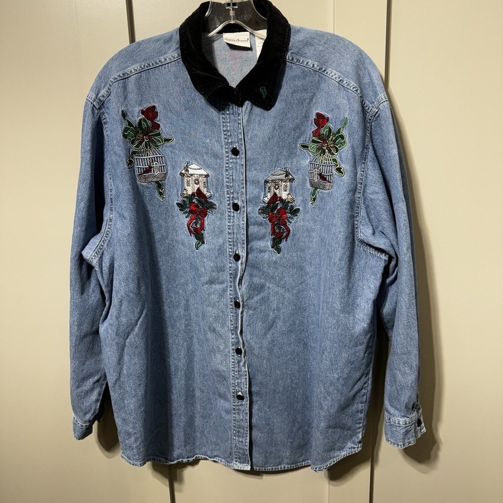 VTG Bobbie Brooks Denim Holiday Cardinals Embroider Shirt Women's XL 16/18 Blue